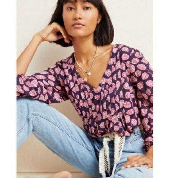 Anthropologie Maeve Cathy Pleated V-Neck Plum Top - Picture 2 of 11